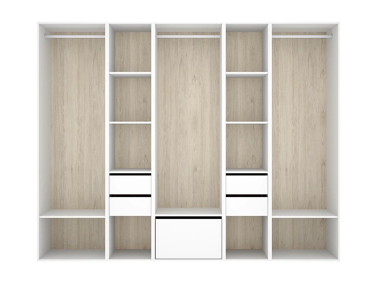 Armoire dressing ouverte avec fond arrière réversible, 3 penderies avec 3 tringles,4 tiroirs et 1 porte chaussures, coloris blanc/naturel