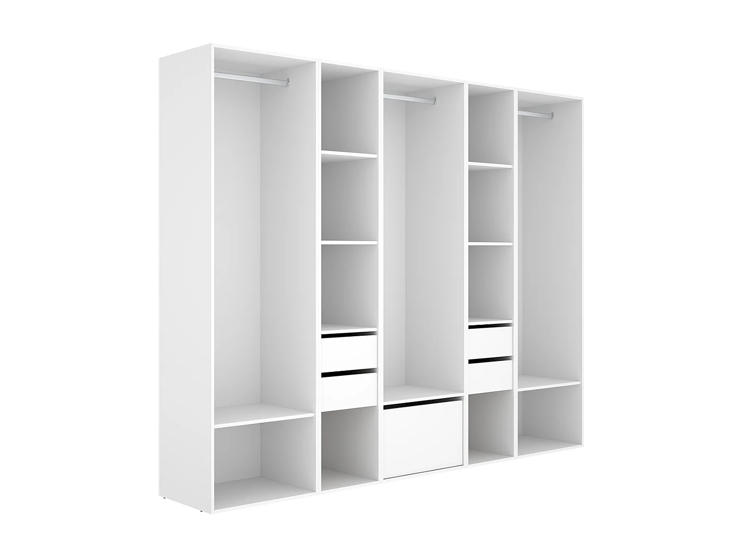 Armoire dressing ouverte avec fond arrière réversible, 3 penderies avec 3 tringles,4 tiroirs et 1 porte chaussures, coloris blanc/naturel