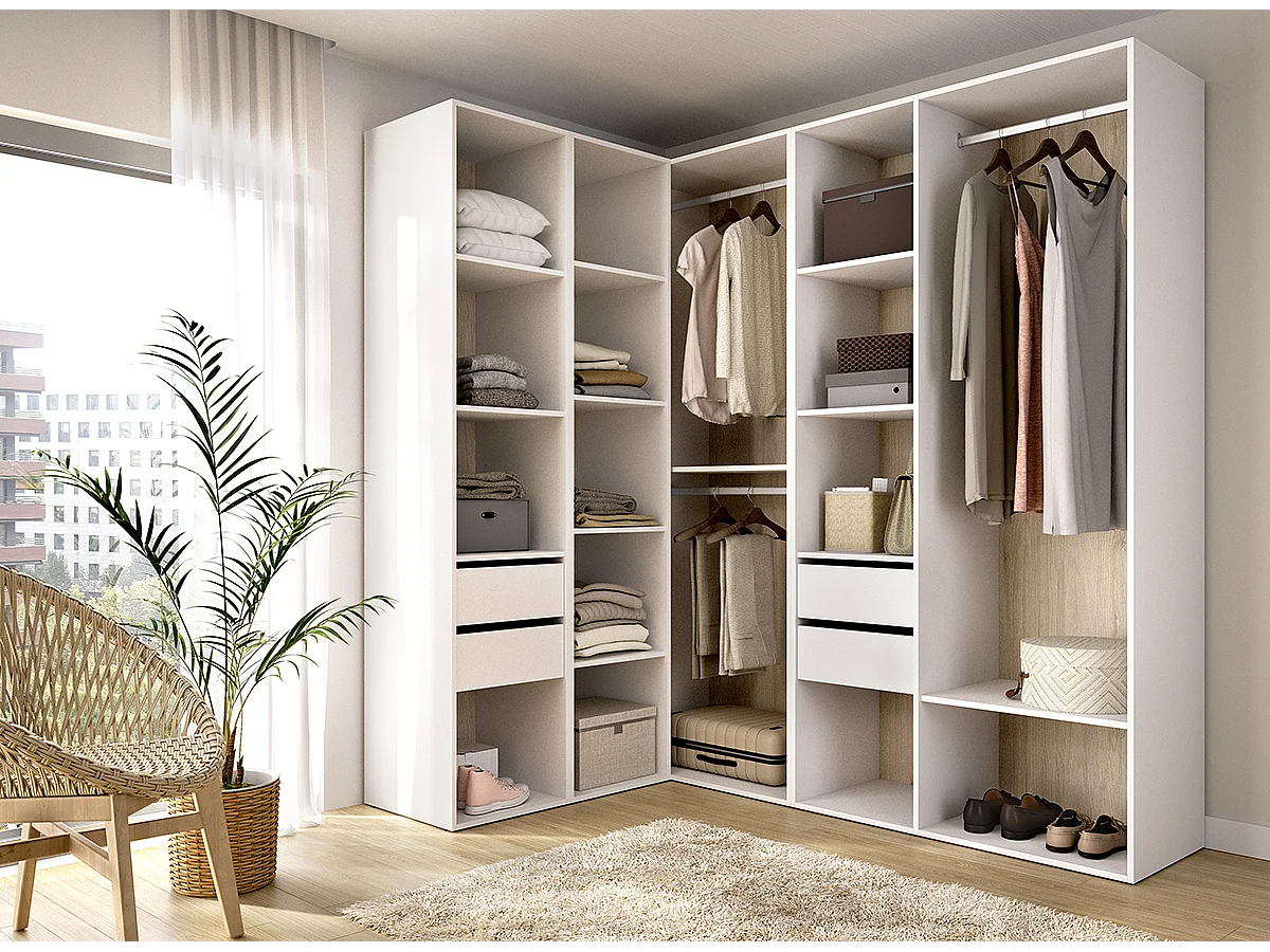 Armoire d’angle dressing ouverte avec 2 penderies, 4 tiroirs et étagères de rangement - Hauteur 204,5 x Longueur 124 x Profondeur 186,3 cm