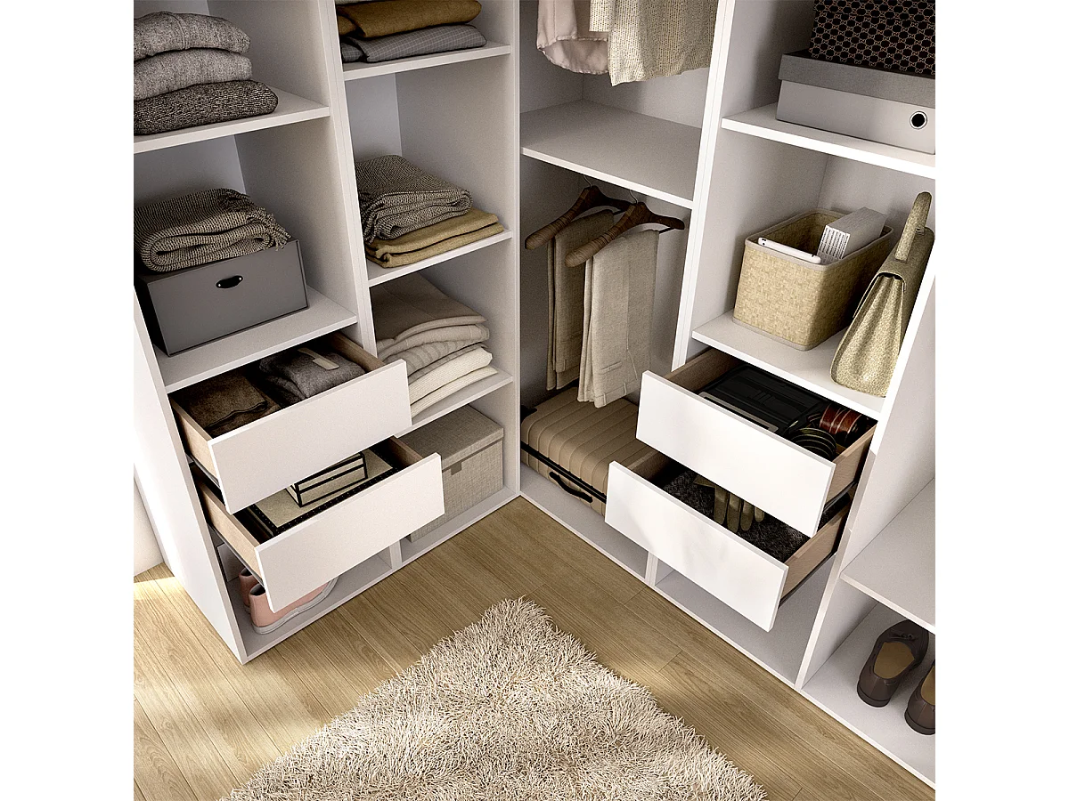 Armoire d’angle dressing ouverte avec 2 penderies, 4 tiroirs et étagères de rangement - Hauteur 204,5 x Longueur 124 x Profondeur 186,3 cm