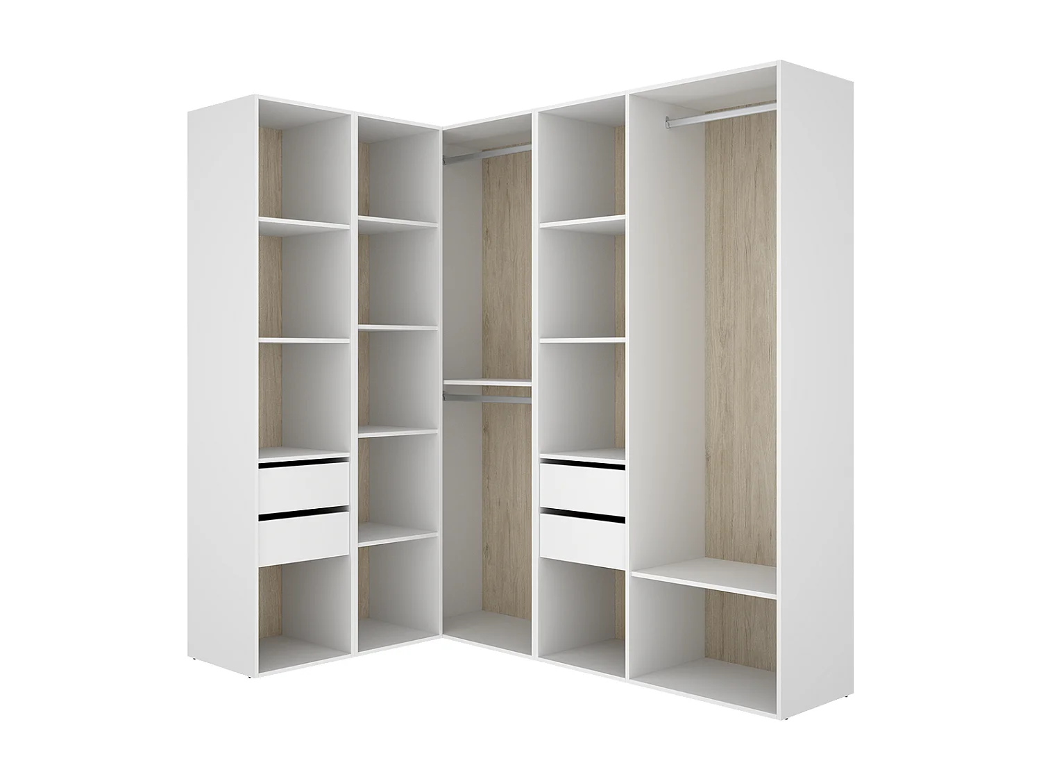 Armoire d’angle dressing ouverte avec 2 penderies, 4 tiroirs et étagères de rangement - Hauteur 204,5 x Longueur 124 x Profondeur 186,3 cm