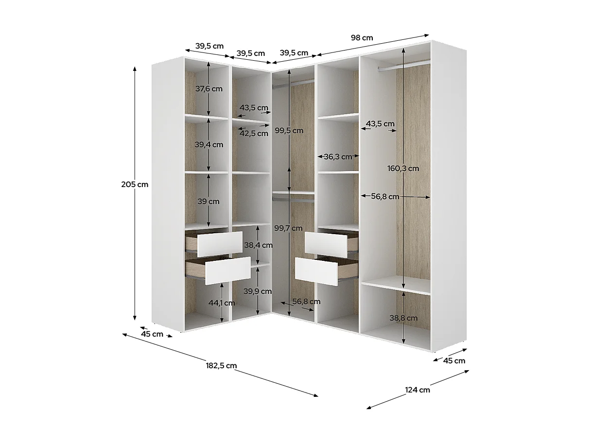 Armoire d’angle dressing ouverte avec 2 penderies, 4 tiroirs et étagères de rangement - Hauteur 204,5 x Longueur 124 x Profondeur 186,3 cm