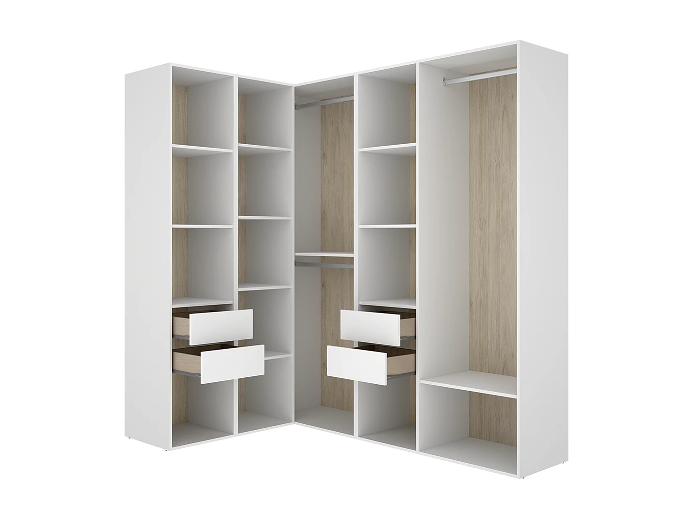 Armoire d’angle dressing ouverte avec 2 penderies, 4 tiroirs et étagères de rangement - Hauteur 204,5 x Longueur 124 x Profondeur 186,3 cm