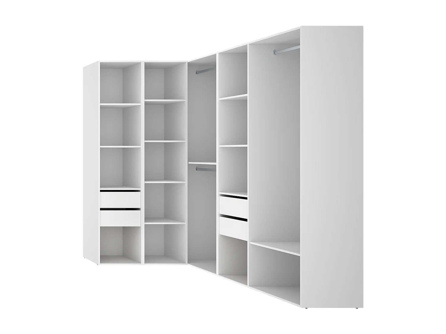 Armoire d’angle dressing ouverte avec 2 penderies, 4 tiroirs et étagères de rangement - Hauteur 204,5 x Longueur 124 x Profondeur 186,3 cm