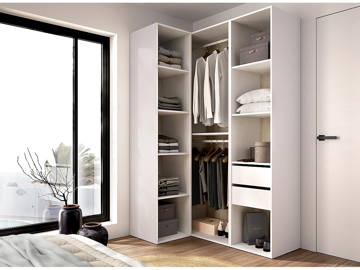 Armoire d'angle dressing ouverte avec penderie avec tringle, 9 étagères et 2 tiroirs, coloris blanc/naturel - Hauteur 204,5 x Longueur 124 x Profondeur 84 cm