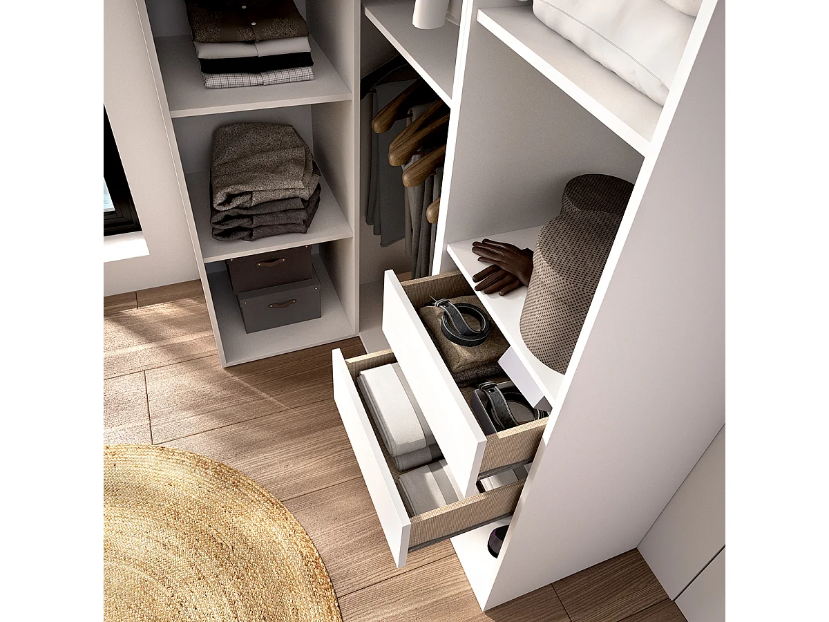 Armoire d'angle dressing ouverte avec penderie avec tringle, 9 étagères et 2 tiroirs, coloris blanc/naturel - Hauteur 204,5 x Longueur 124 x Profondeur 84 cm