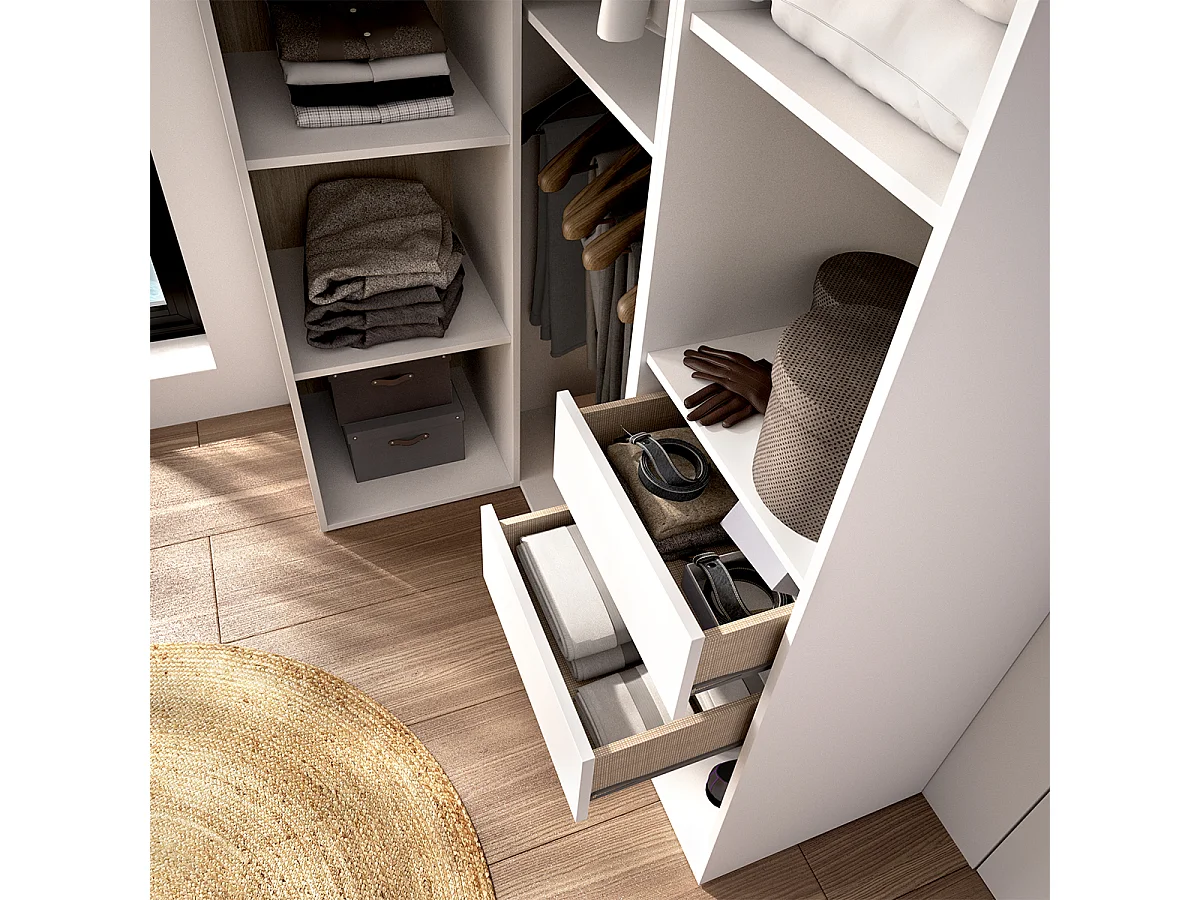 Armoire d'angle dressing ouverte avec penderie avec tringle, 9 étagères et 2 tiroirs, coloris blanc/naturel - Hauteur 204,5 x Longueur 124 x Profondeur 84 cm