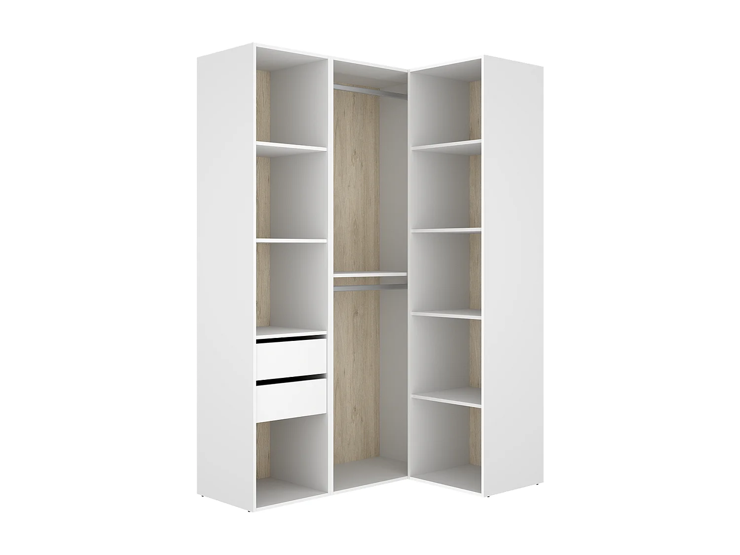 Armoire d'angle dressing ouverte avec penderie avec tringle, 9 étagères et 2 tiroirs, coloris blanc/naturel - Hauteur 204,5 x Longueur 124 x Profondeur 84 cm