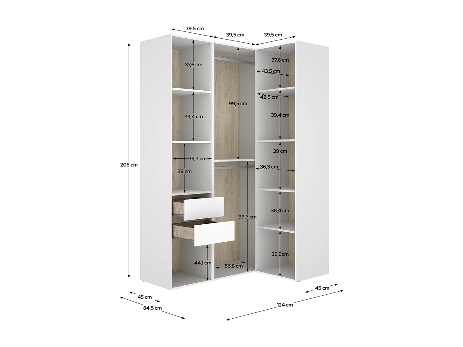 Armoire d'angle dressing ouverte avec penderie avec tringle, 9 étagères et 2 tiroirs, coloris blanc/naturel - Hauteur 204,5 x Longueur 124 x Profondeur 84 cm