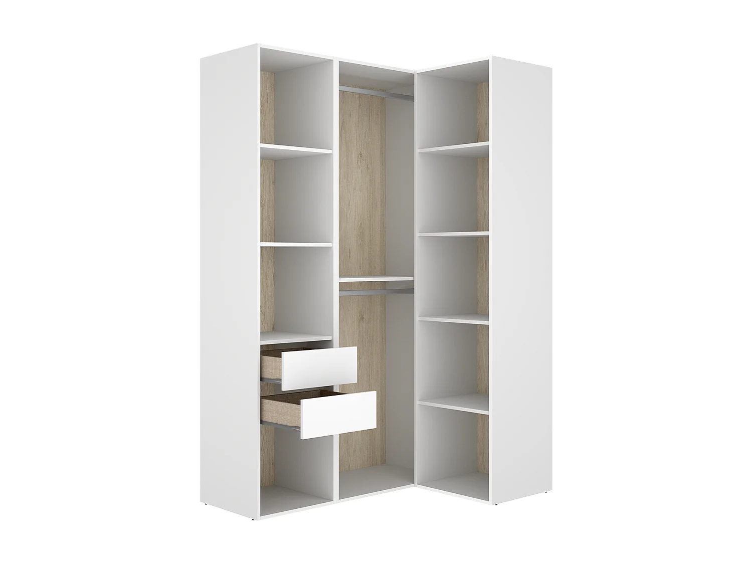 Armoire d'angle dressing ouverte avec penderie avec tringle, 9 étagères et 2 tiroirs, coloris blanc/naturel - Hauteur 204,5 x Longueur 124 x Profondeur 84 cm