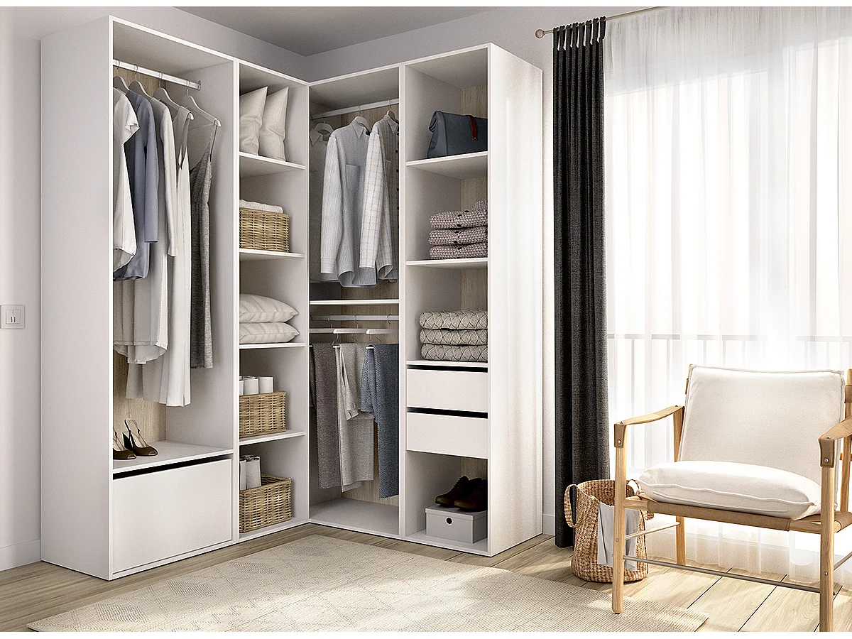 Armoire d'angle dressing ouvert avec 2 penderies, 2 tiroirs, 9 compartiments de rangement et 1 porte chaussures - Hauteur 204,5 x Longueur 124 x Profondeur 144,5 cm