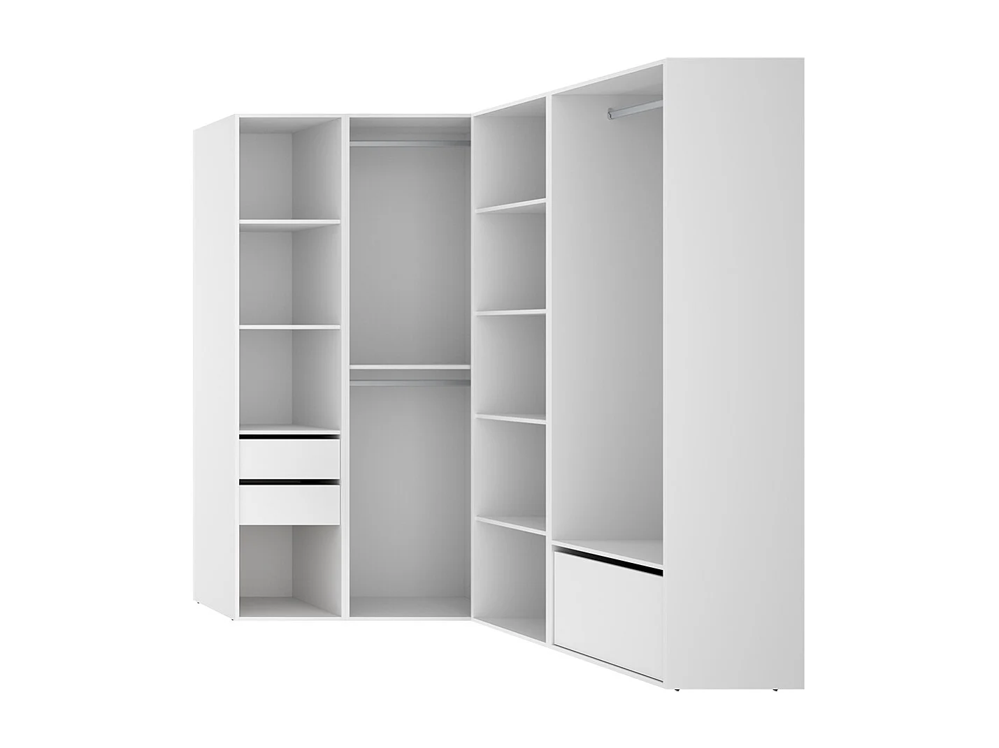 Armoire d'angle dressing ouvert avec 2 penderies, 2 tiroirs, 9 compartiments de rangement et 1 porte chaussures - Hauteur 204,5 x Longueur 124 x Profondeur 144,5 cm