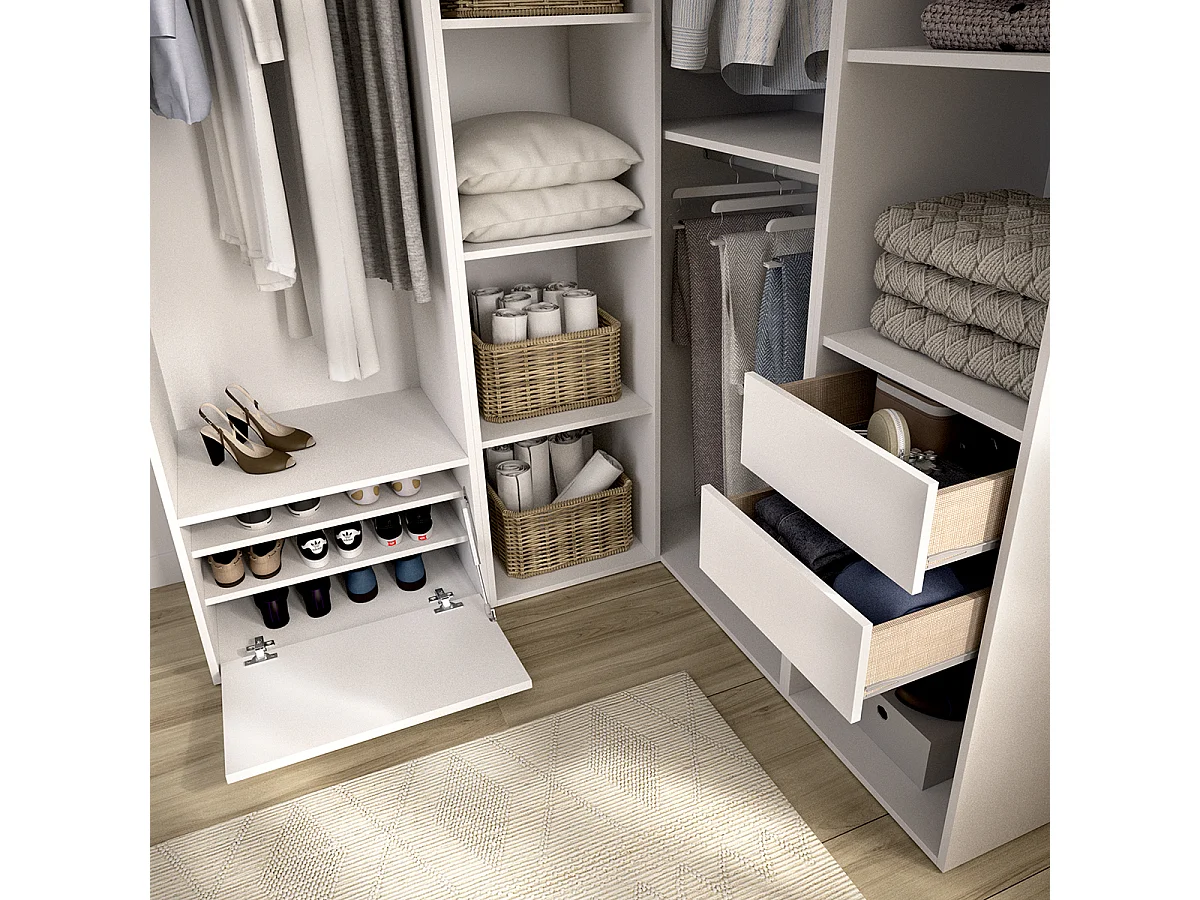 Armoire d'angle dressing ouvert avec 2 penderies, 2 tiroirs, 9 compartiments de rangement et 1 porte chaussures - Hauteur 204,5 x Longueur 124 x Profondeur 144,5 cm