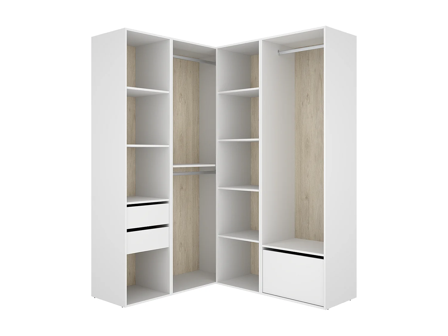 Armoire d'angle dressing ouvert avec 2 penderies, 2 tiroirs, 9 compartiments de rangement et 1 porte chaussures - Hauteur 204,5 x Longueur 124 x Profondeur 144,5 cm