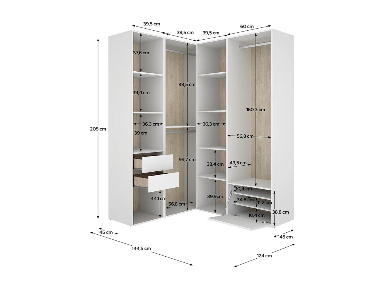 Armoire d'angle dressing ouvert avec 2 penderies, 2 tiroirs, 9 compartiments de rangement et 1 porte chaussures - Hauteur 204,5 x Longueur 124 x Profondeur 144,5 cm