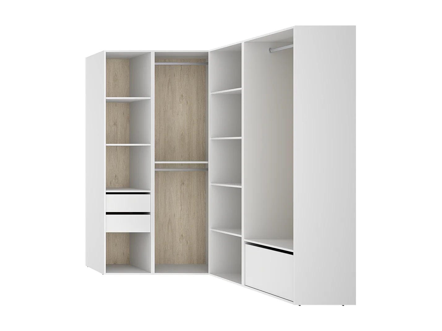 Armoire d'angle dressing ouvert avec 2 penderies, 2 tiroirs, 9 compartiments de rangement et 1 porte chaussures - Hauteur 204,5 x Longueur 124 x Profondeur 144,5 cm