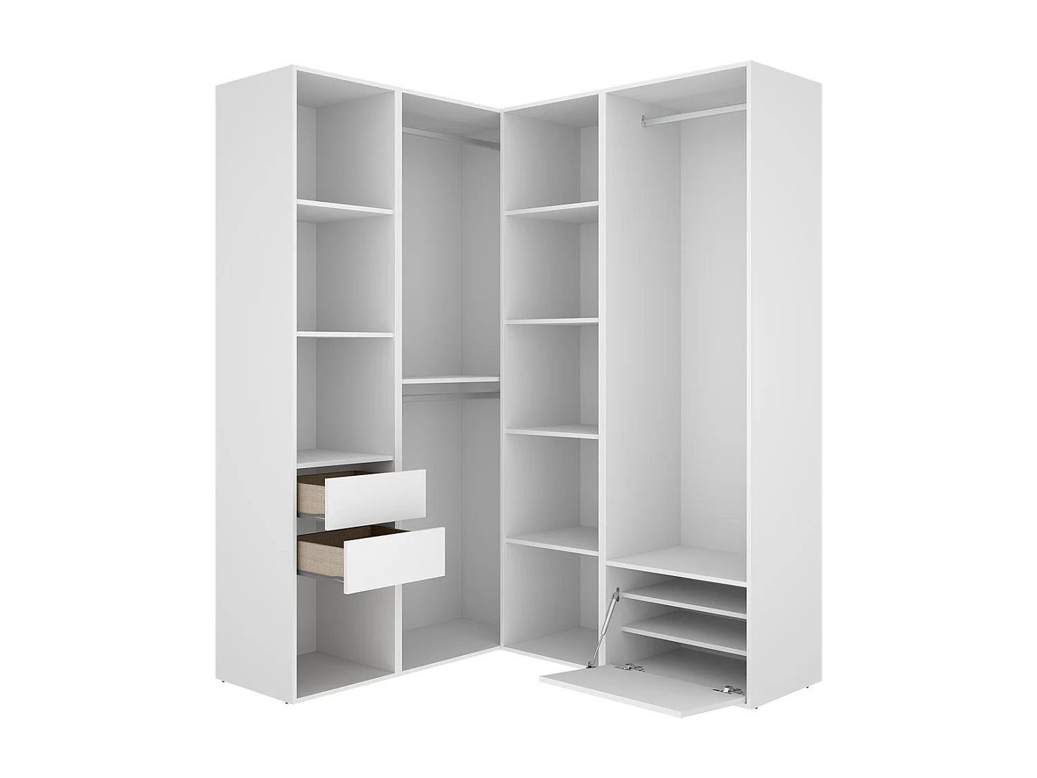 Armoire d'angle dressing ouvert avec 2 penderies, 2 tiroirs, 9 compartiments de rangement et 1 porte chaussures - Hauteur 204,5 x Longueur 124 x Profondeur 144,5 cm