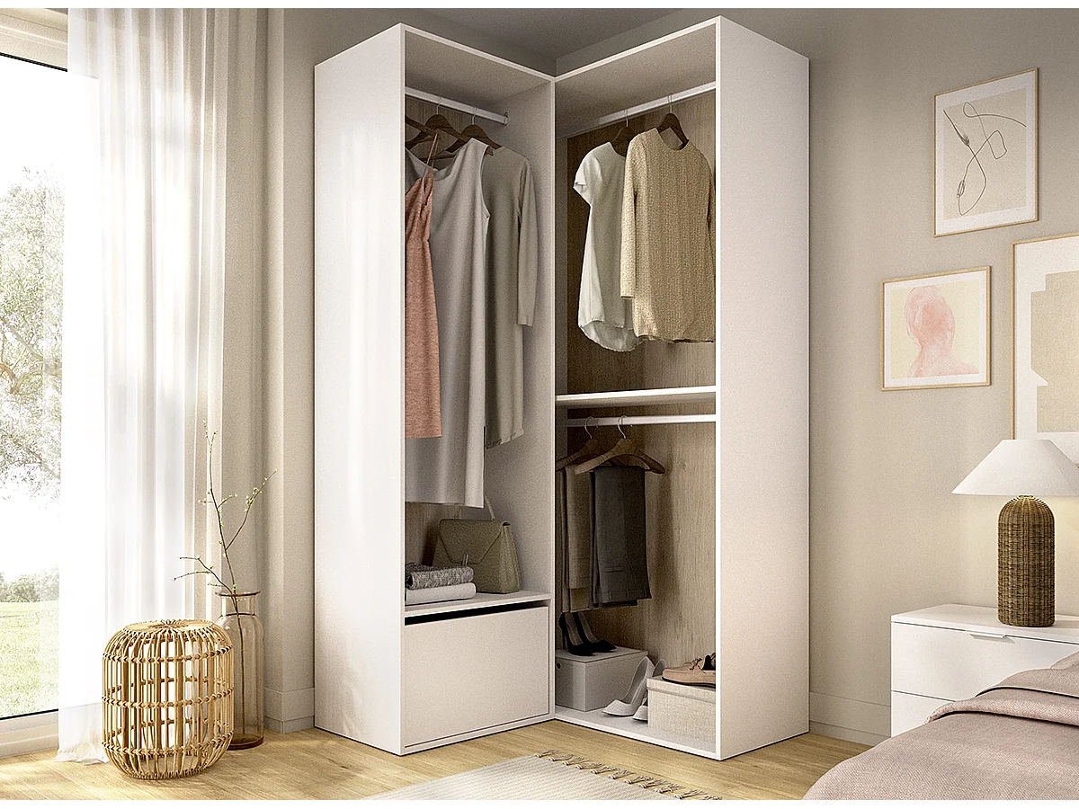 Armoire d'angle dressing ouverte avec 2 penderie et une porte chaussures, coloris blanc/naturel - Hauteur 204,5 x Longueur 105 x Profondeur 104,5 cm
