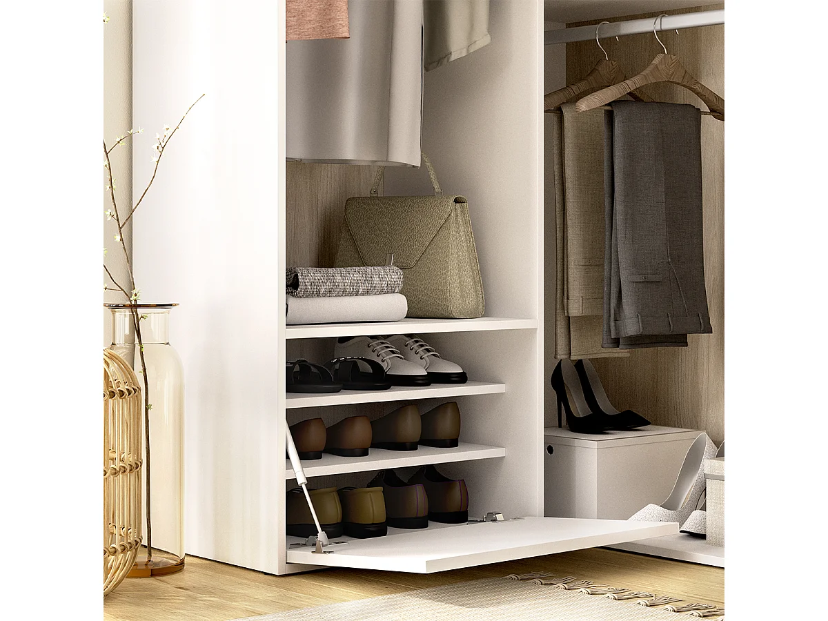 Armoire d'angle dressing ouverte avec 2 penderie et une porte chaussures, coloris blanc/naturel - Hauteur 204,5 x Longueur 105 x Profondeur 104,5 cm