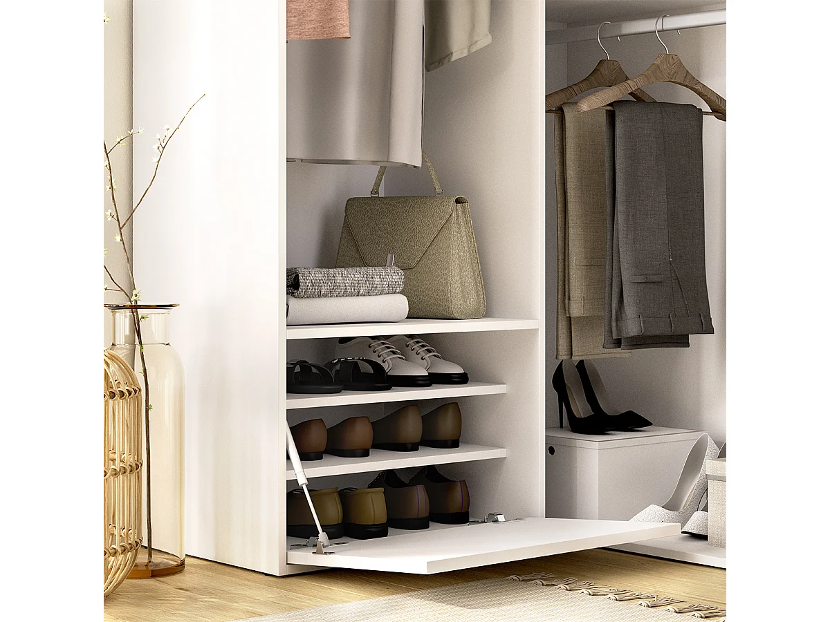 Armoire d'angle dressing ouverte avec 2 penderie et une porte chaussures, coloris blanc/naturel - Hauteur 204,5 x Longueur 105 x Profondeur 104,5 cm