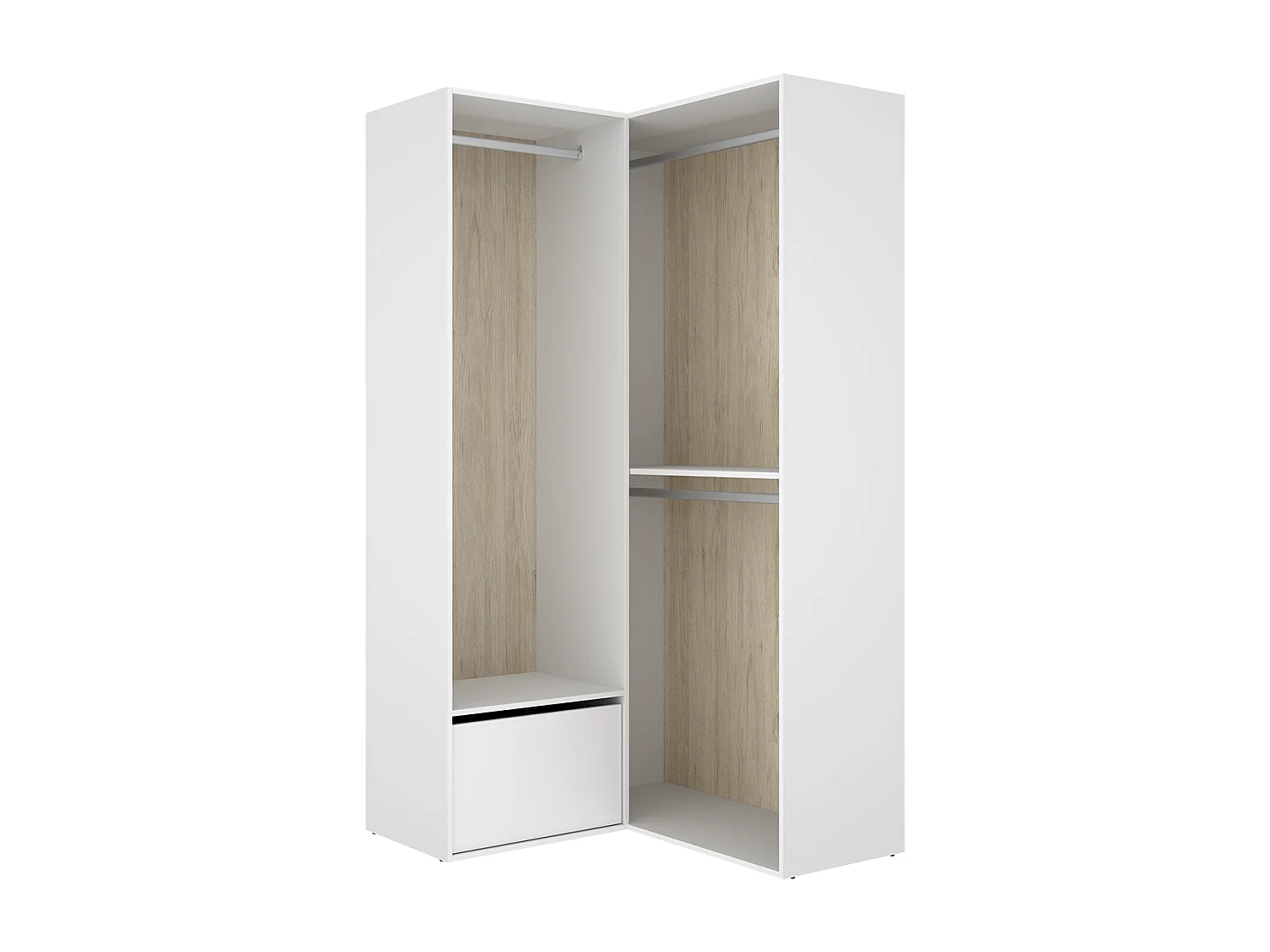 Armoire d'angle dressing ouverte avec 2 penderie et une porte chaussures, coloris blanc/naturel - Hauteur 204,5 x Longueur 105 x Profondeur 104,5 cm