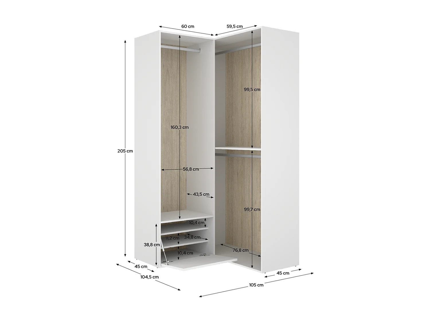Armoire d'angle dressing ouverte avec 2 penderie et une porte chaussures, coloris blanc/naturel - Hauteur 204,5 x Longueur 105 x Profondeur 104,5 cm