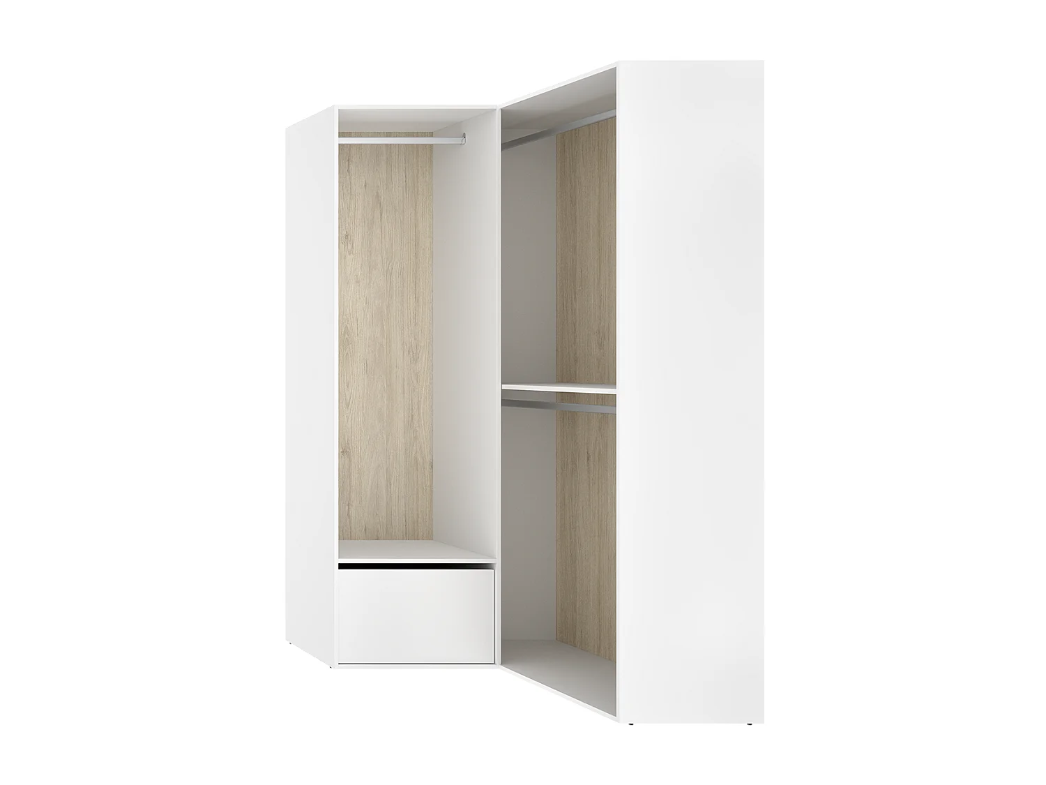 Armoire d'angle dressing ouverte avec 2 penderie et une porte chaussures, coloris blanc/naturel - Hauteur 204,5 x Longueur 105 x Profondeur 104,5 cm