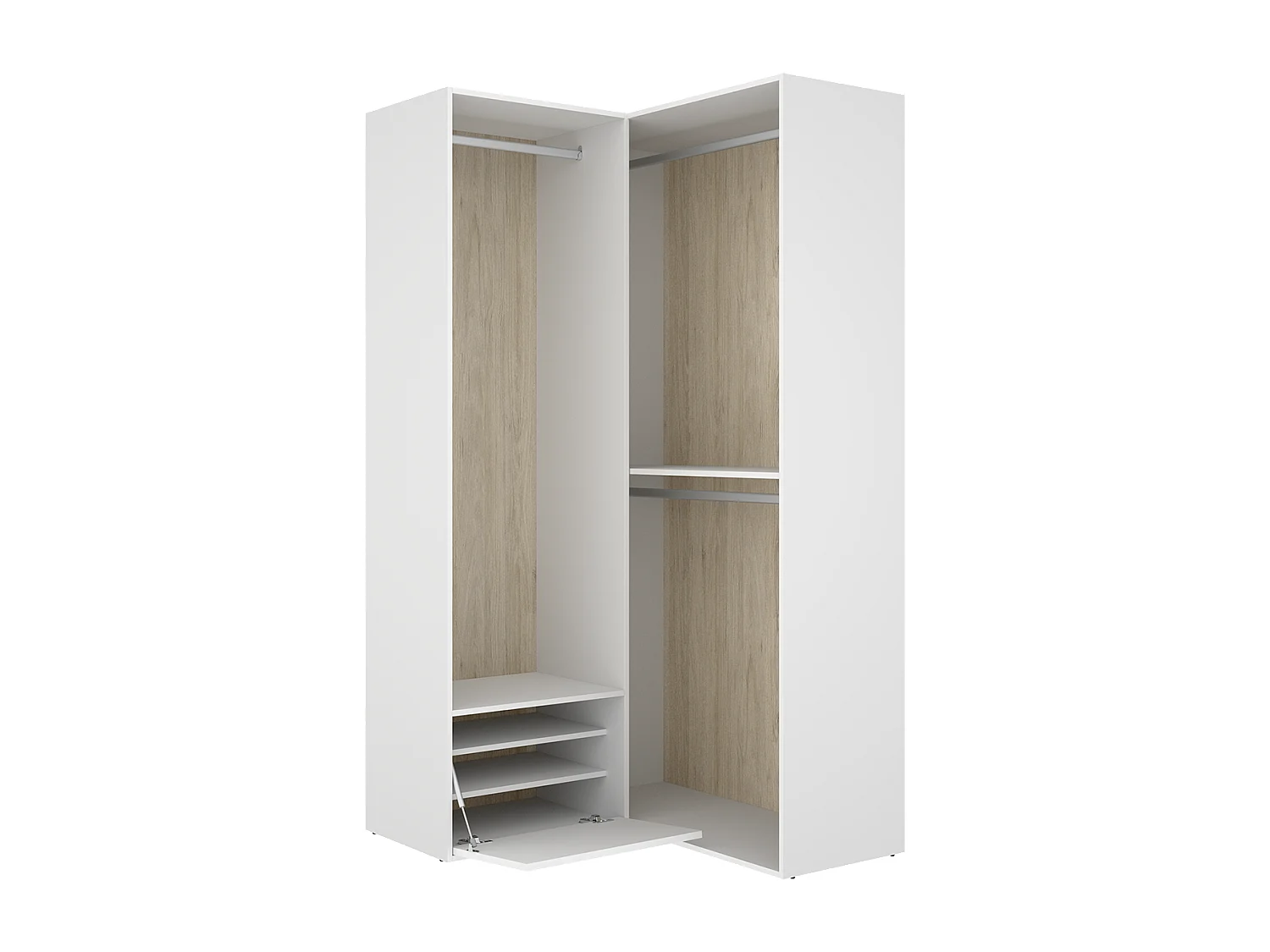 Armoire d'angle dressing ouverte avec 2 penderie et une porte chaussures, coloris blanc/naturel - Hauteur 204,5 x Longueur 105 x Profondeur 104,5 cm