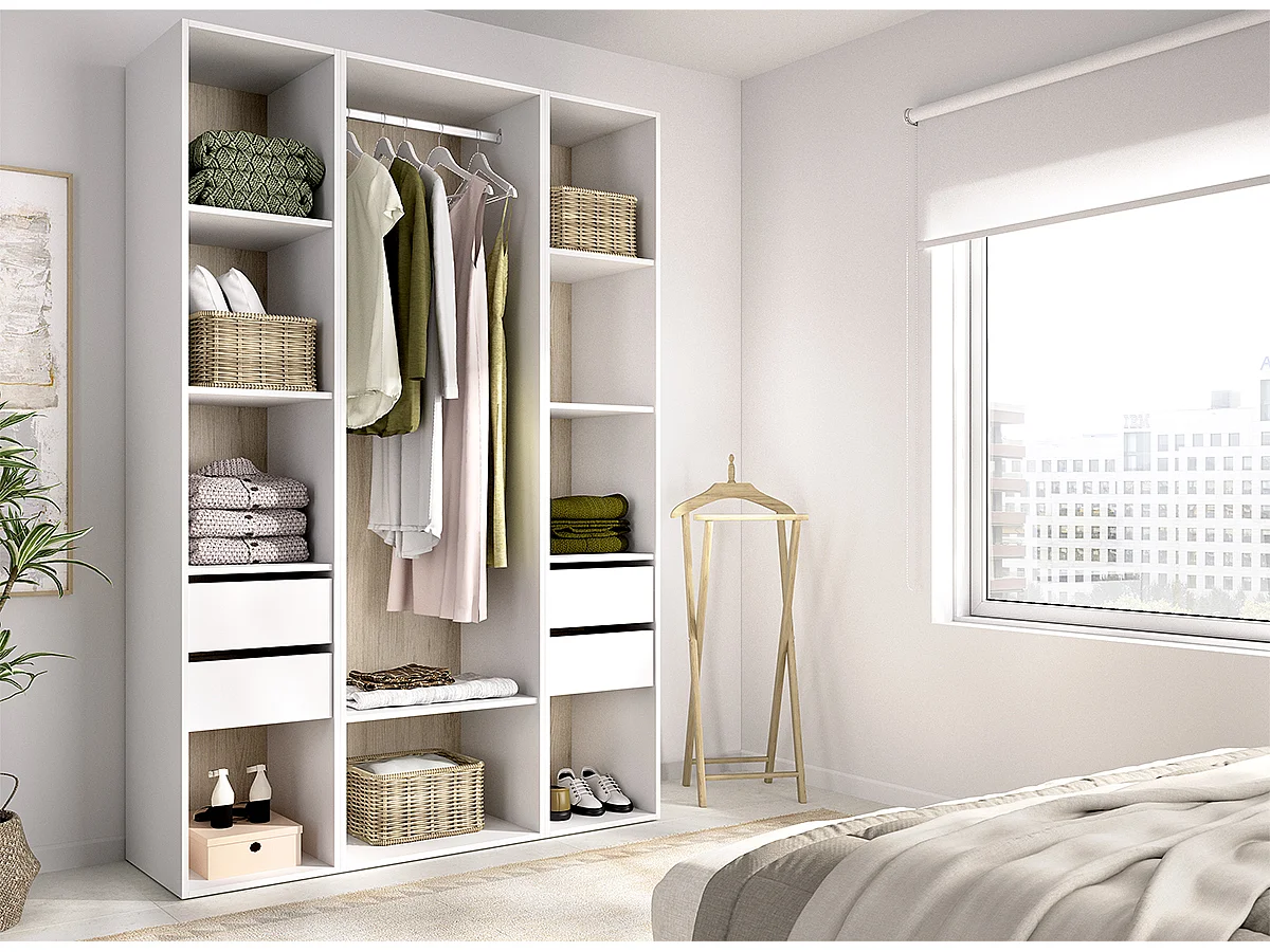 Armoire dressing ouverte avec fond arrière réversible, penderie avec tringle, étagères et 4 tiroirs, coloris blanc/naturel