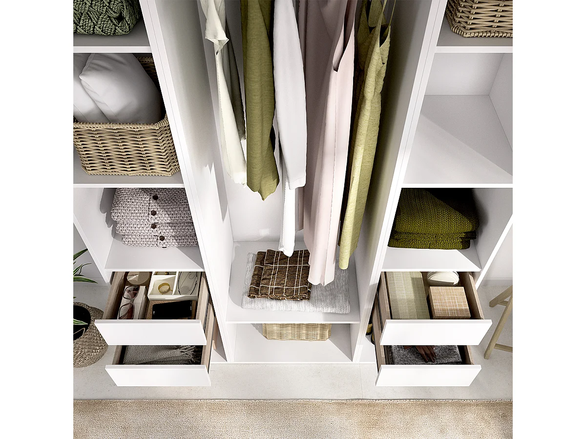 Armoire dressing ouverte avec fond arrière réversible, penderie avec tringle, étagères et 4 tiroirs, coloris blanc/naturel