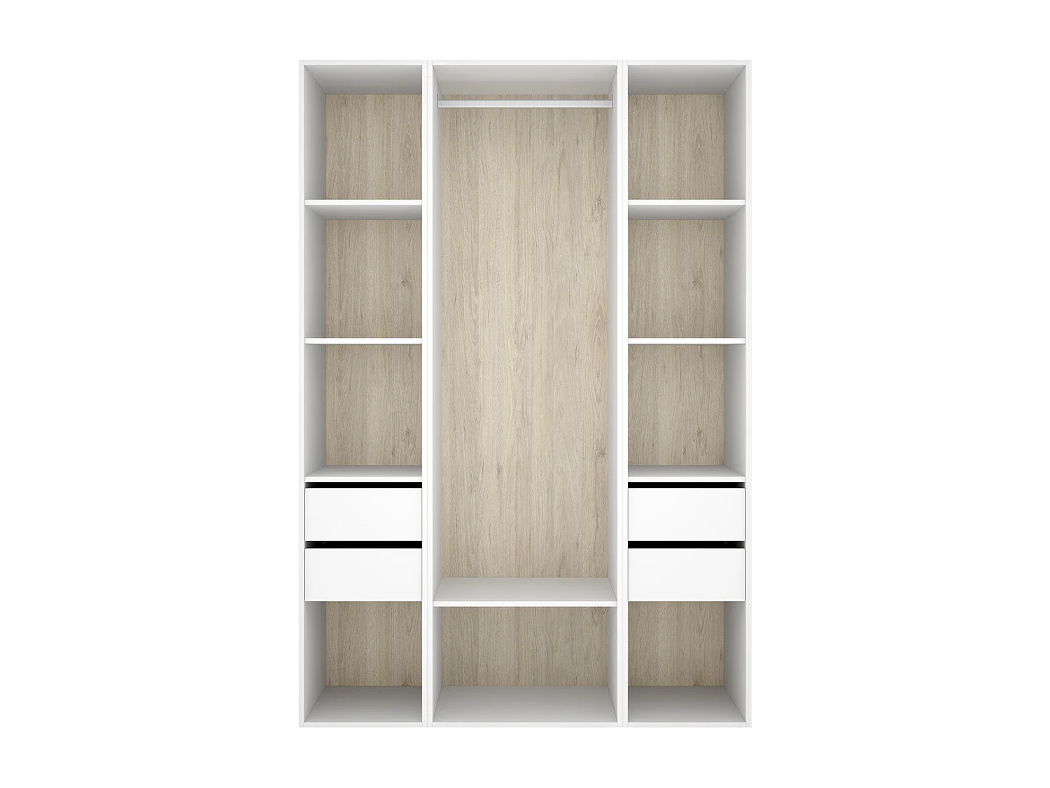 Armoire dressing ouverte avec fond arrière réversible, penderie avec tringle, étagères et 4 tiroirs, coloris blanc/naturel