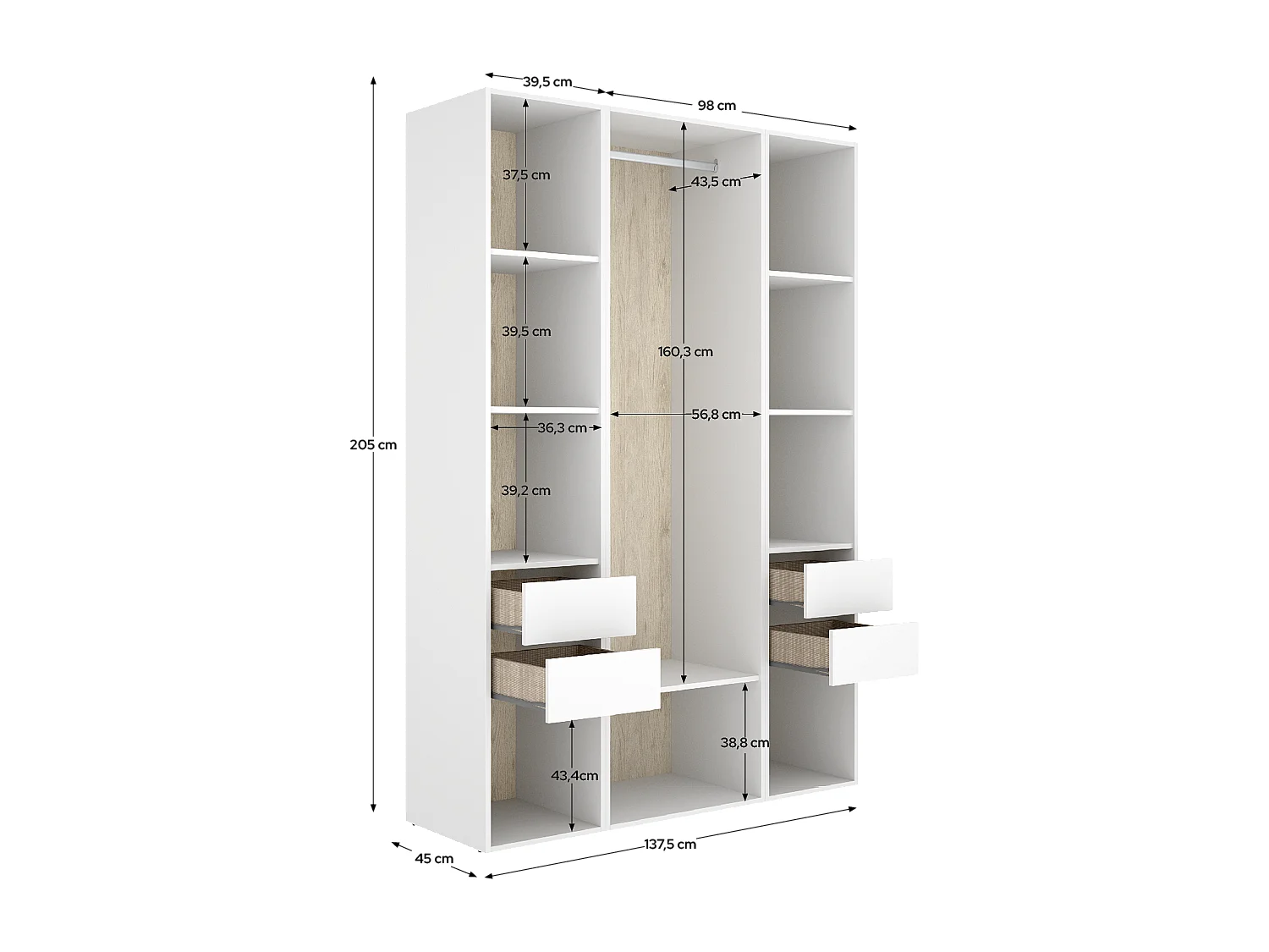 Armoire dressing ouverte avec fond arrière réversible, penderie avec tringle, étagères et 4 tiroirs, coloris blanc/naturel