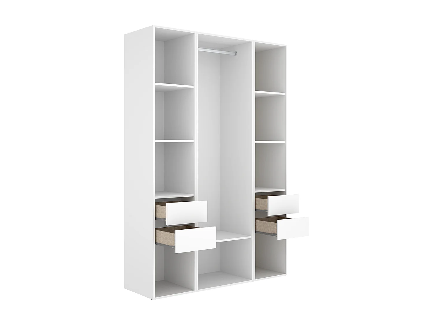 Armoire dressing ouverte avec fond arrière réversible, penderie avec tringle, étagères et 4 tiroirs, coloris blanc/naturel