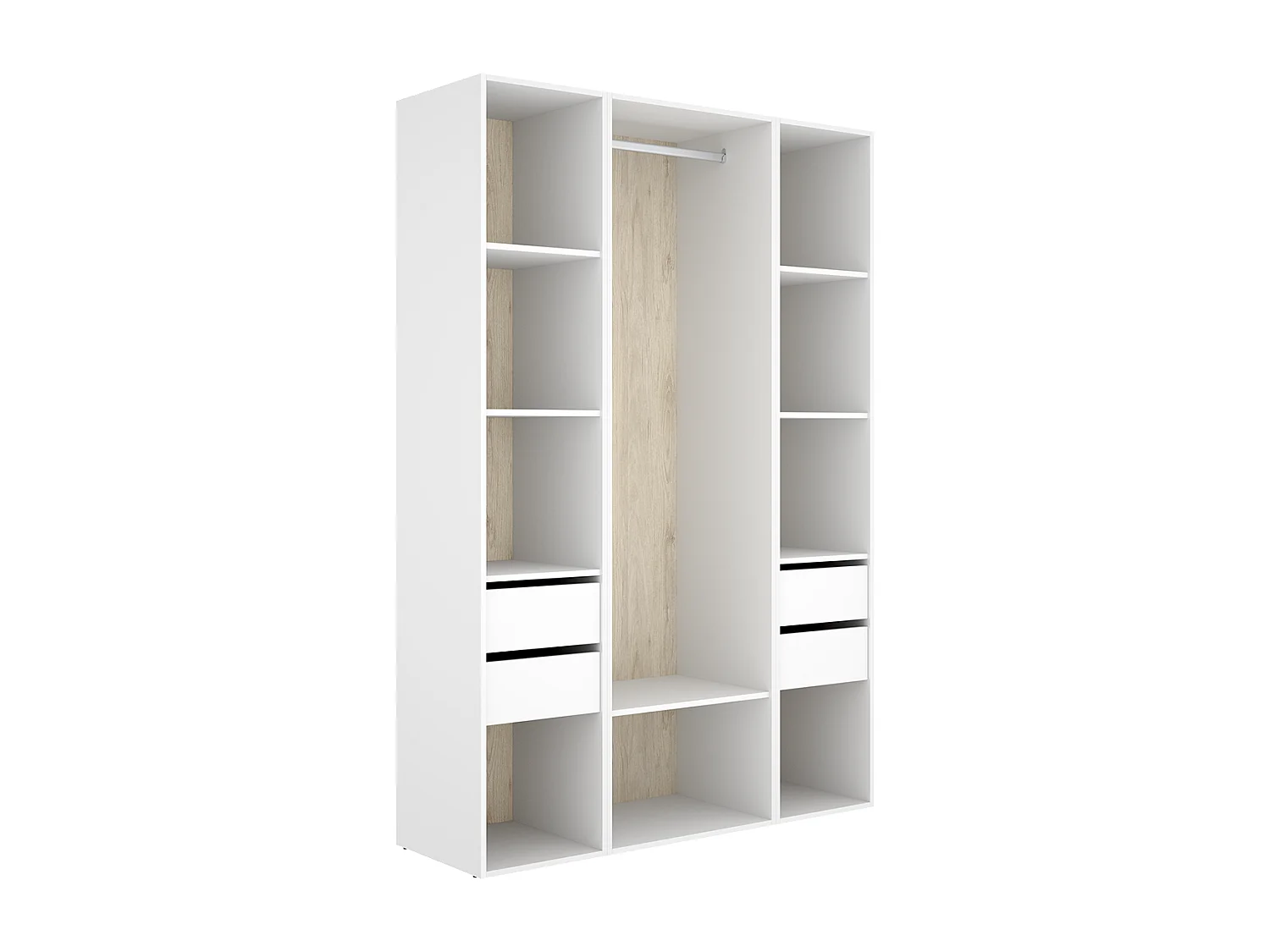 Armoire dressing ouverte avec fond arrière réversible, penderie avec tringle, étagères et 4 tiroirs, coloris blanc/naturel
