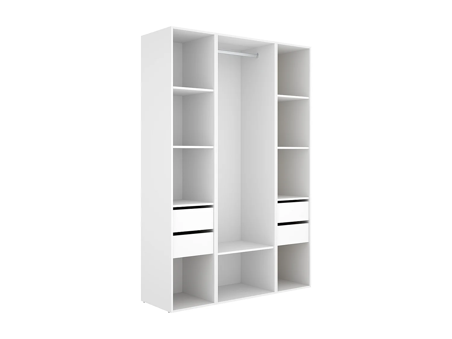 Armoire dressing ouverte avec fond arrière réversible, penderie avec tringle, étagères et 4 tiroirs, coloris blanc/naturel