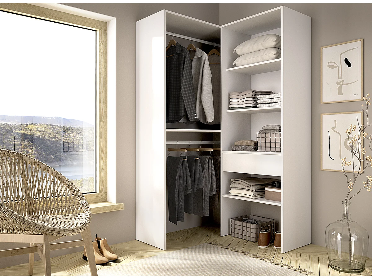 Dressing d'angle ouvert avec penderie à double tringles, 1 tiroir et 4 étagères, coloris blanc - Hauteur 185 x Longueur 100 x Profondeur 88,4 cm