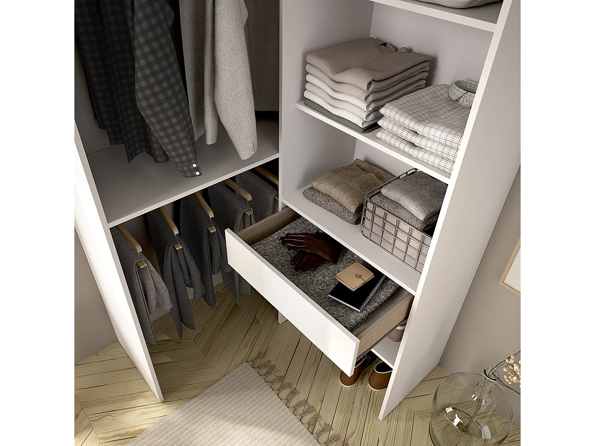 Dressing d'angle ouvert avec penderie à double tringles, 1 tiroir et 4 étagères, coloris blanc - Hauteur 185 x Longueur 100 x Profondeur 88,4 cm