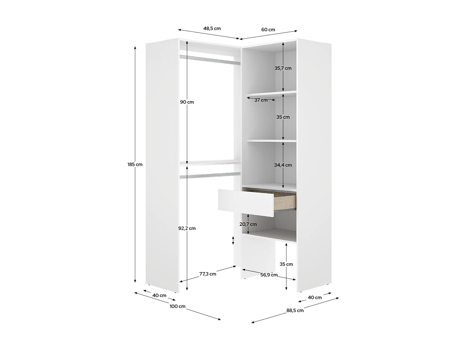 Dressing d'angle ouvert avec penderie à double tringles, 1 tiroir et 4 étagères, coloris blanc - Hauteur 185 x Longueur 100 x Profondeur 88,4 cm