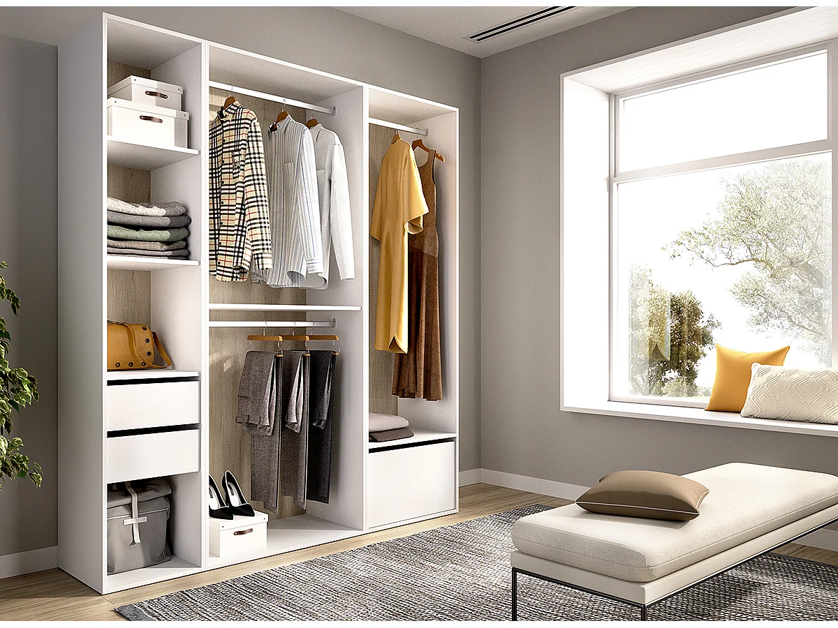 Armoire dressing ouverte avec fond arrière réversible, penderie avec 2 tringles,2 tiroirs et une porte chaussures, coloris blanc/naturel