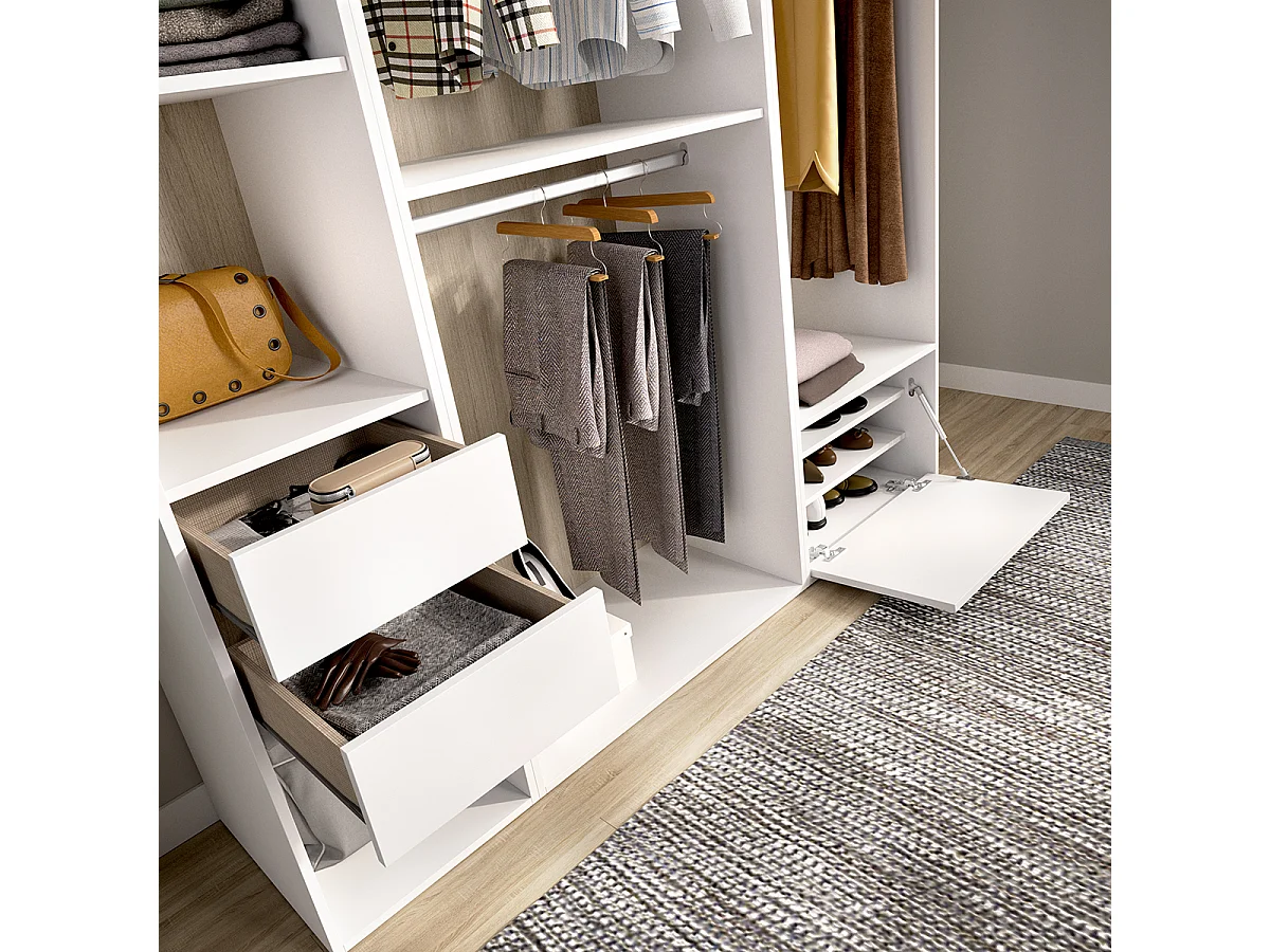 Armoire dressing ouverte avec fond arrière réversible, penderie avec 2 tringles,2 tiroirs et une porte chaussures, coloris blanc/naturel