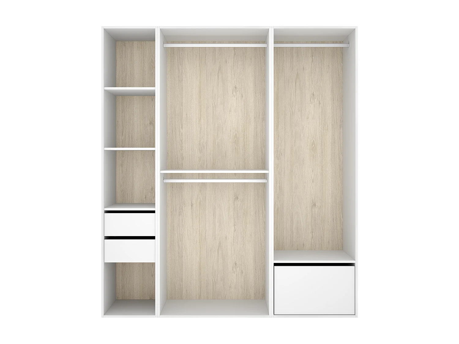 Armoire dressing ouverte avec fond arrière réversible, penderie avec 2 tringles,2 tiroirs et une porte chaussures, coloris blanc/naturel