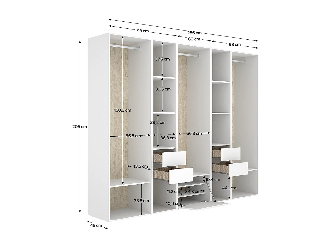 Armoire dressing ouverte avec fond arrière réversible, penderie avec 2 tringles,2 tiroirs et une porte chaussures, coloris blanc/naturel