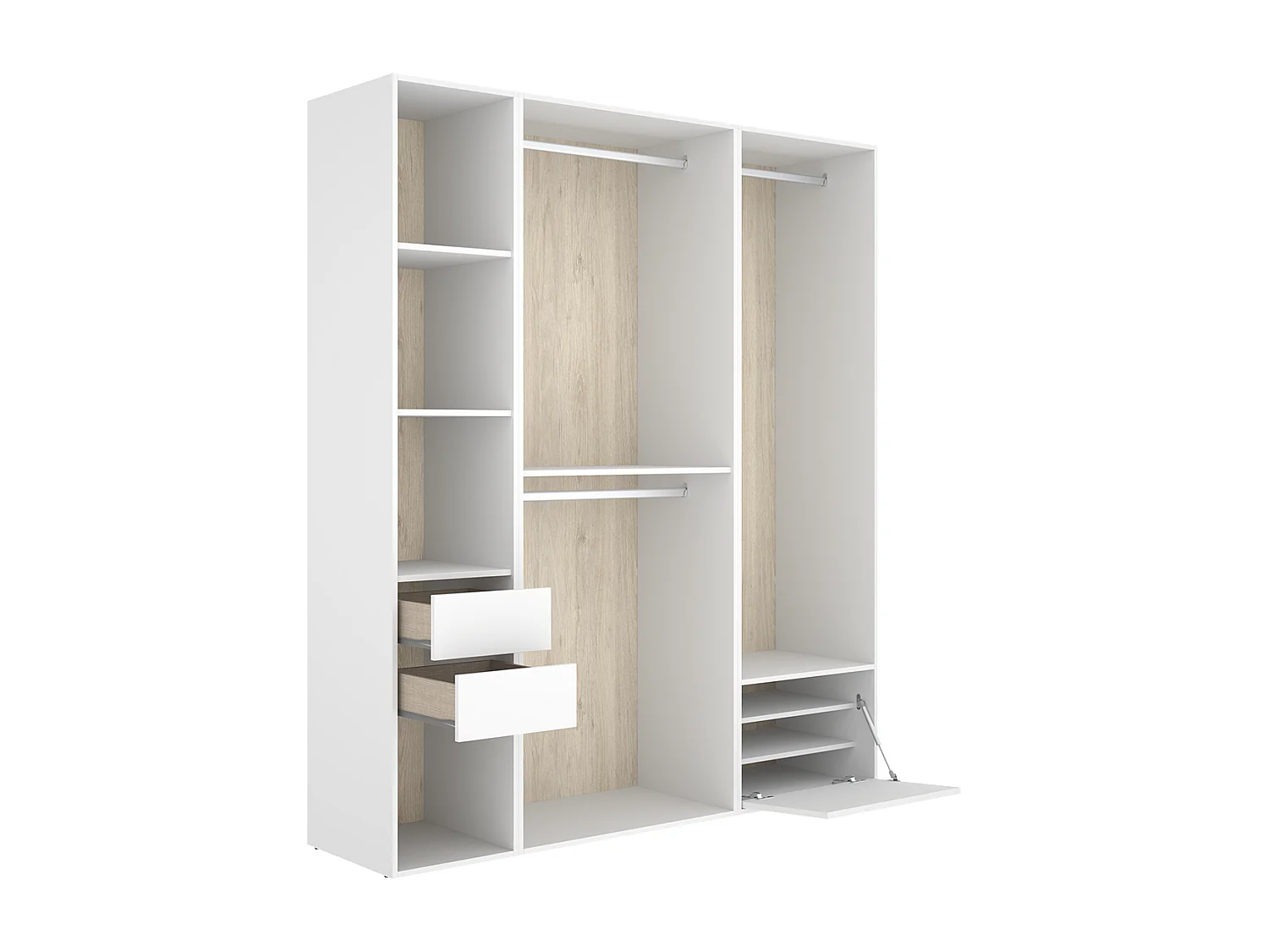 Armoire dressing ouverte avec fond arrière réversible, penderie avec 2 tringles,2 tiroirs et une porte chaussures, coloris blanc/naturel