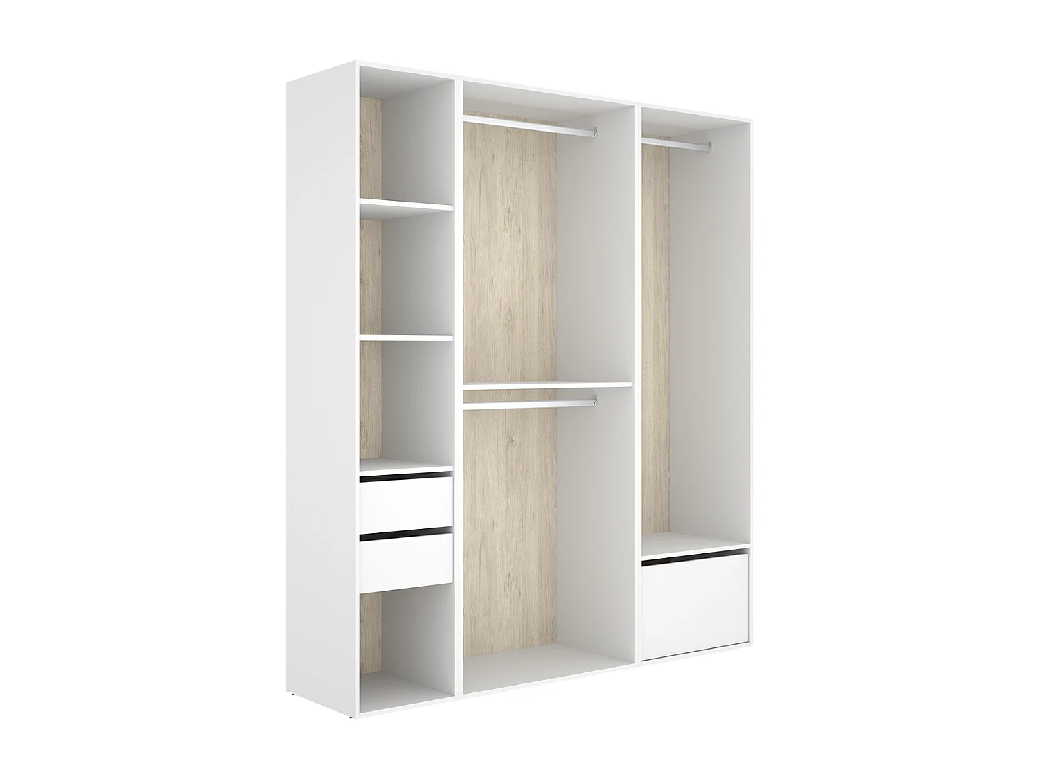 Armoire dressing ouverte avec fond arrière réversible, penderie avec 2 tringles,2 tiroirs et une porte chaussures, coloris blanc/naturel