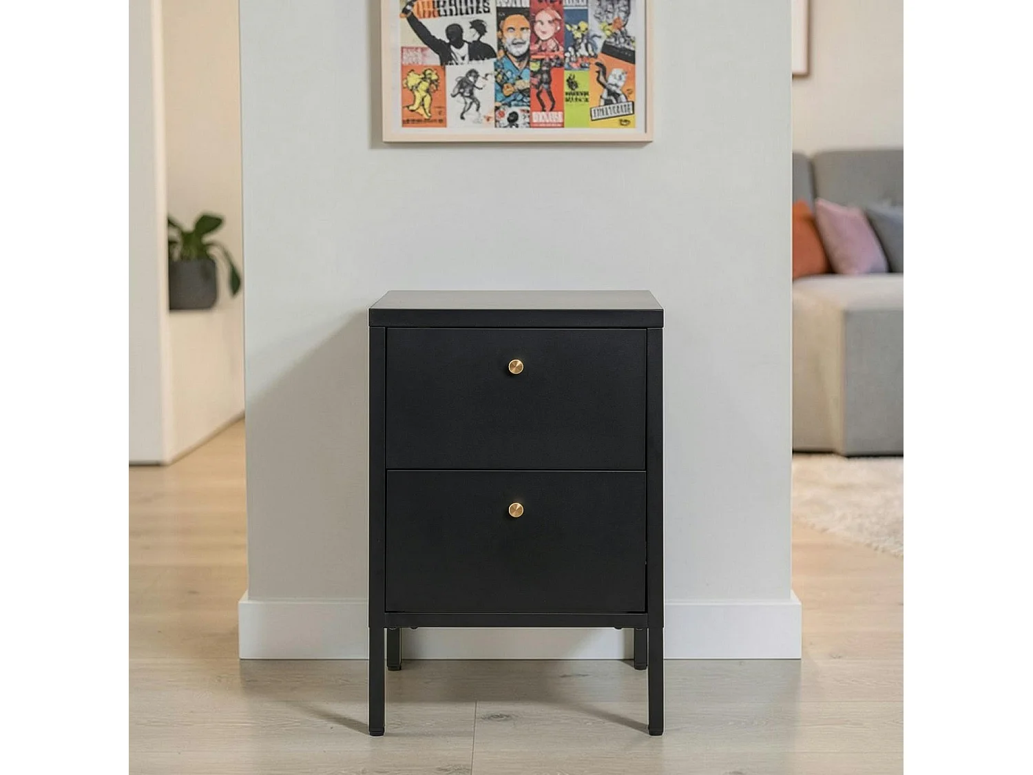 Chevet 2 tiroirs métal noir poignées dorées ODENSE