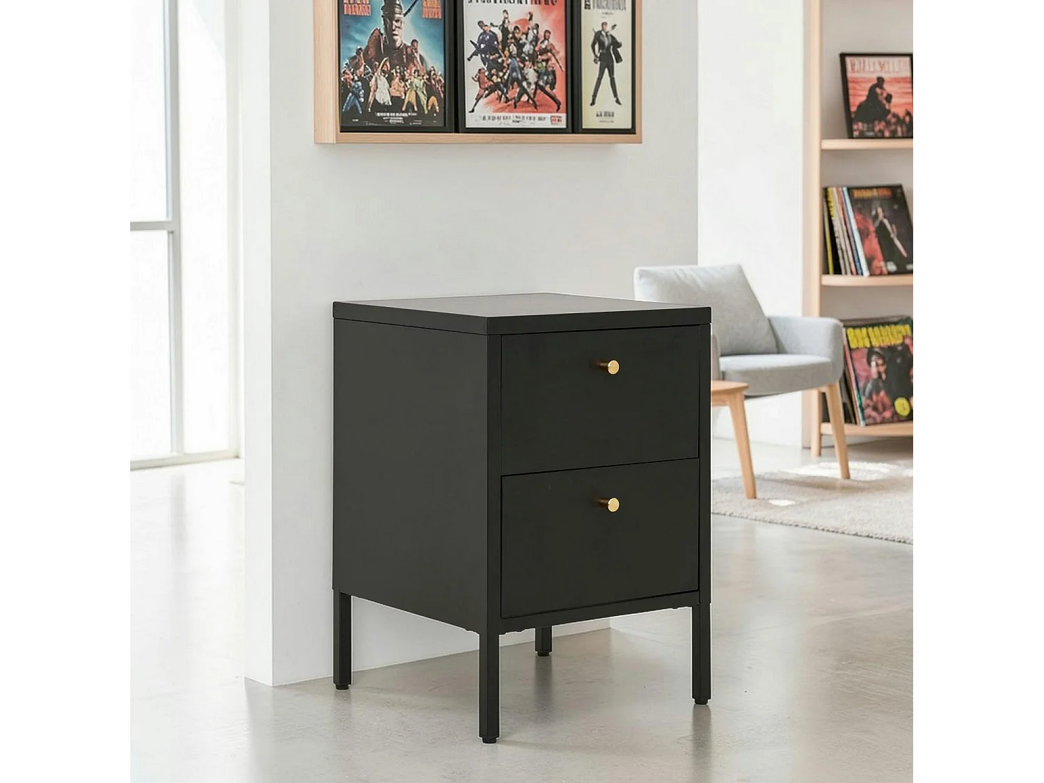 Chevet 2 tiroirs métal noir poignées dorées ODENSE