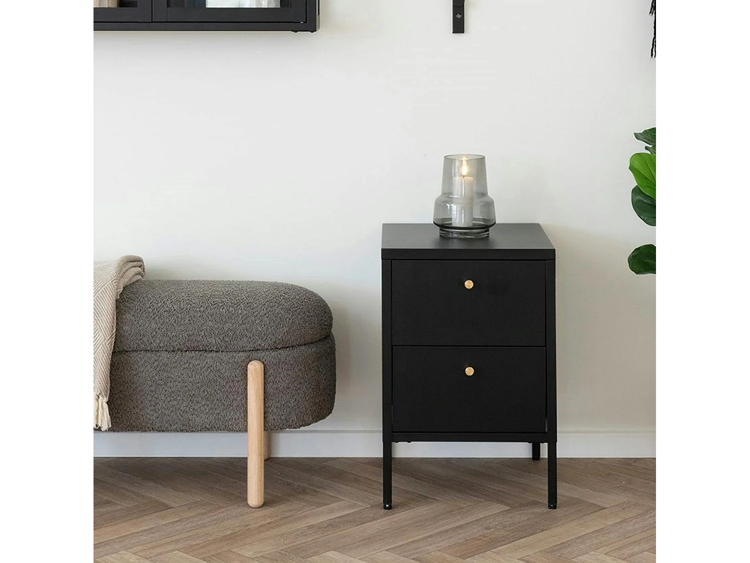 Chevet 2 tiroirs métal noir poignées dorées ODENSE