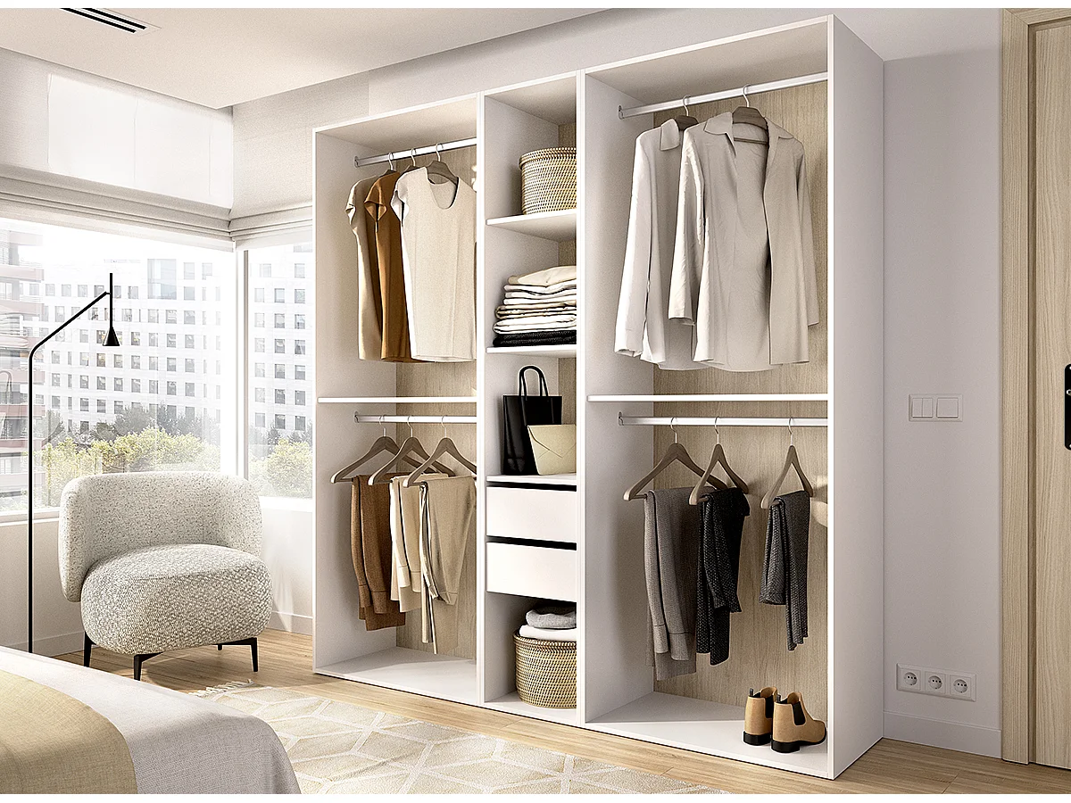 Grand dressing ouvert avec fond réversible – 4 penderies, 2 tiroirs – Blanc / Naturel - Hauteur 204,5 x Longueur 199,5 x Profondeur 45 cm