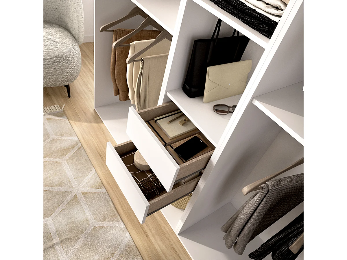 Grand dressing ouvert avec fond réversible – 4 penderies, 2 tiroirs – Blanc / Naturel - Hauteur 204,5 x Longueur 199,5 x Profondeur 45 cm