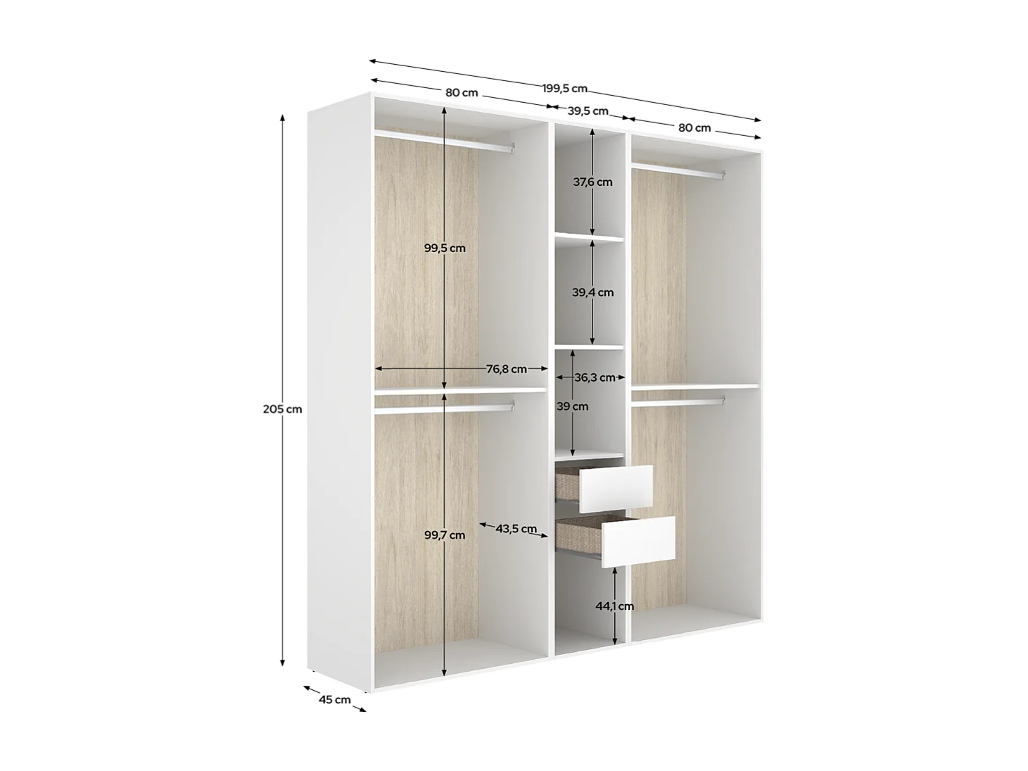Grand dressing ouvert avec fond réversible – 4 penderies, 2 tiroirs – Blanc / Naturel - Hauteur 204,5 x Longueur 199,5 x Profondeur 45 cm